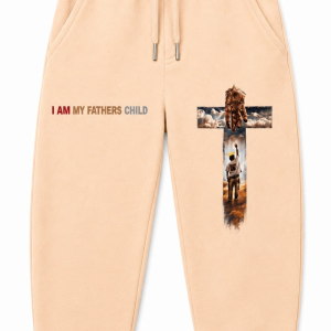 “I Am My Father's Child” Oversized Jogger Sweatpants — Light Apricot Graphic Fleece Joggers 425 GSM